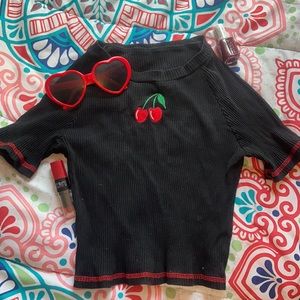 Ribbed Cherry Print Crop Top